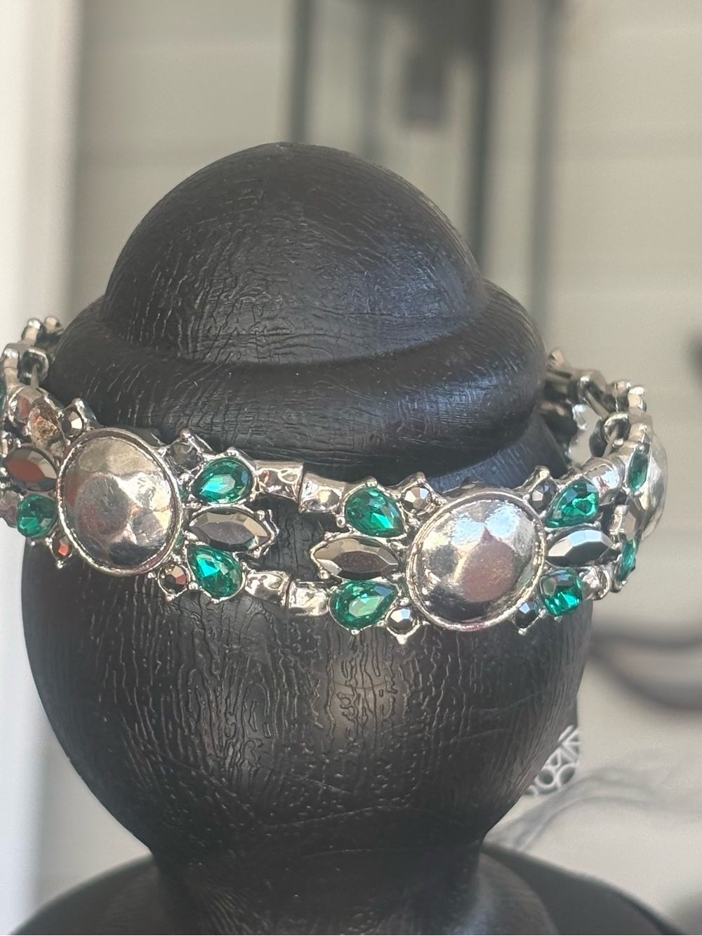 Silver-Tone Bracelet with Emerald Green Crystal Accents
